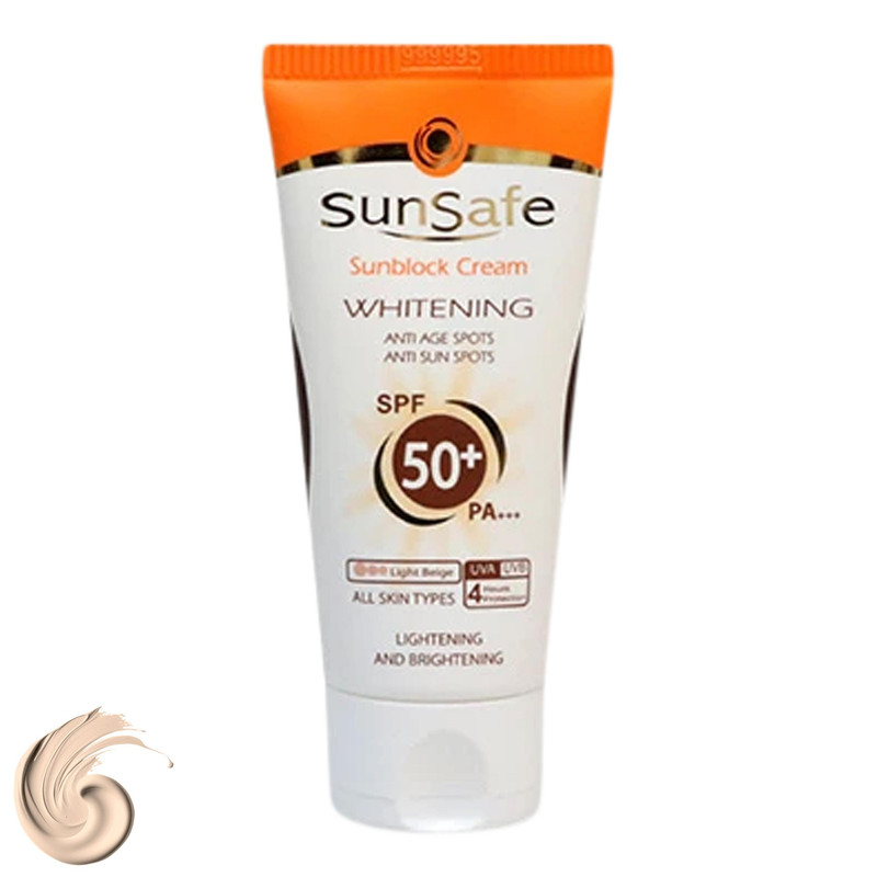 کرم ضد آفتاب رنگی سان سیف، مدل SPF50، مناسب انواع پوست تنالیته رنگ روشن و حجم 50 میلی‌لیتر، محافظت کننده در برابر اشعه UVA و UVB، مرطوب کننده، +++ PA، ضد لک، روشن کننده، ضد چروک، دارای فرمولاسیون فیزیکی، با ماندگاری 2 ساعته
