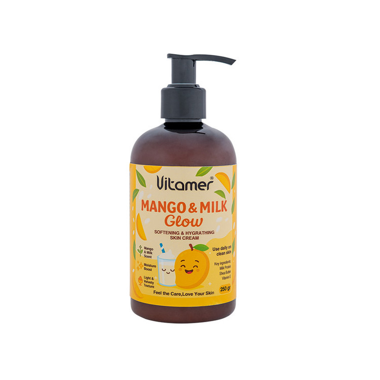 کرم مرطوبکننده و آبرسان بدن ویتامر مدل Mango & Milk Glow مناسب برای انواع پوست حجم 250 میلیلیتر