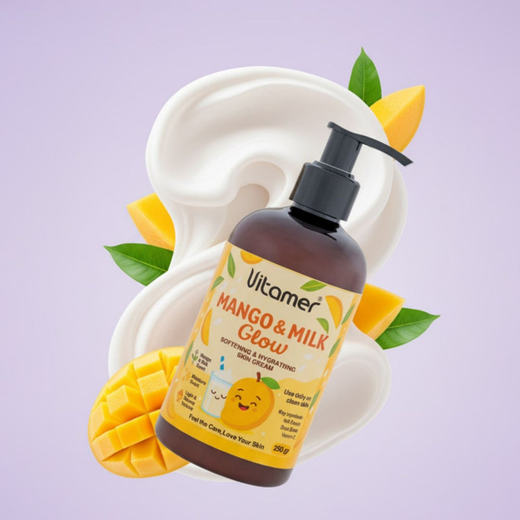 کرم مرطوبکننده و آبرسان بدن ویتامر مدل Mango & Milk Glow مناسب برای انواع پوست حجم 250 میلیلیتر
