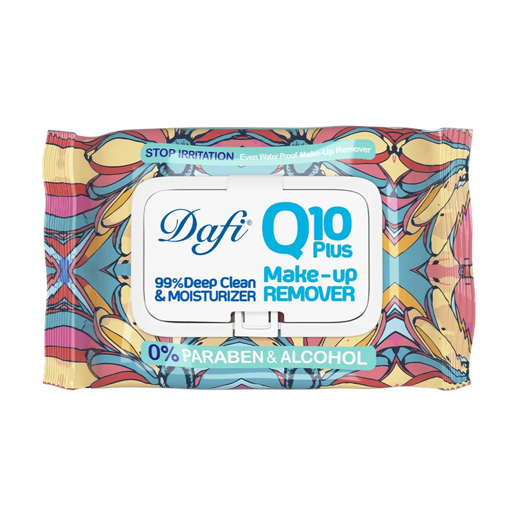 دستمال مرطوب پاککننده آرایش و ضد جوش دافی مدل Q10 دربدار بسته 50 عددی